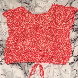 Red floral criss cross and tie detail shirt